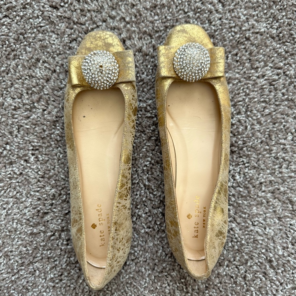 Kate Spade Leather Gold Flats with Rhinestone Bows